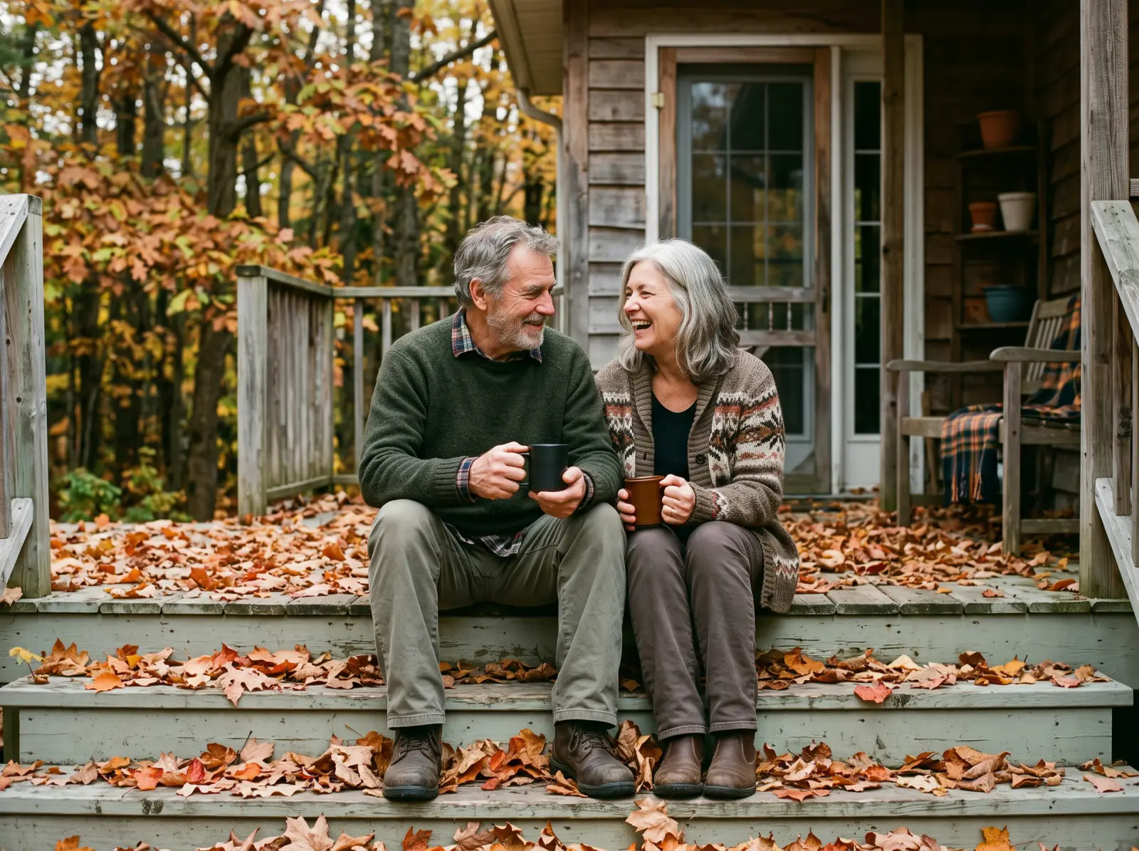 A man of about seventy and a woman in her early sixties talking on the porch of a wooden house in autumn.