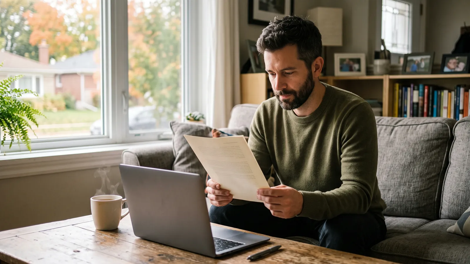 A man in his late thirties on a sofa reading a printed page, with a laptop open on the coffee table.