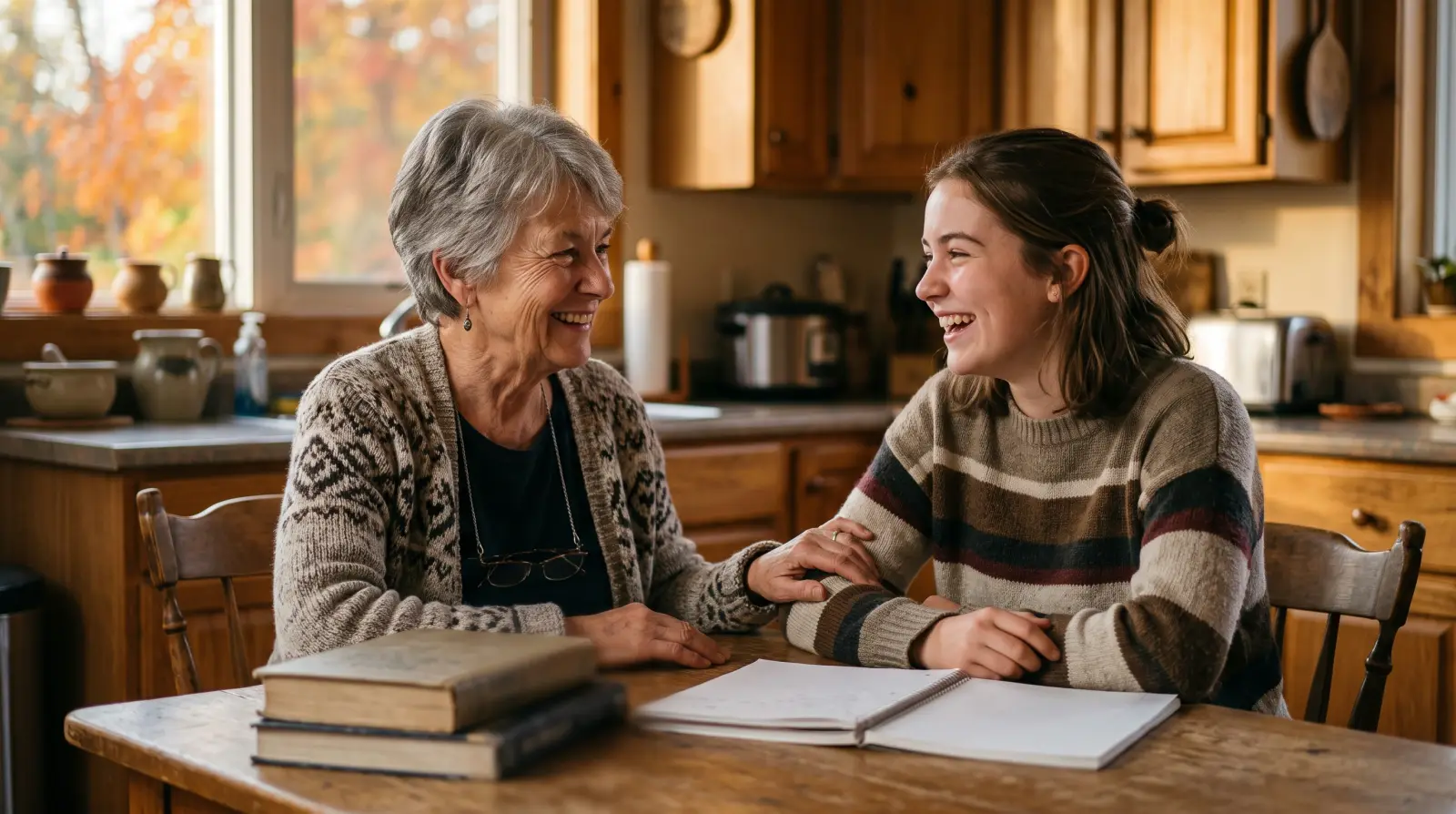 A grandmother and her teenage granddaughter talking at a kitchen table with school books.