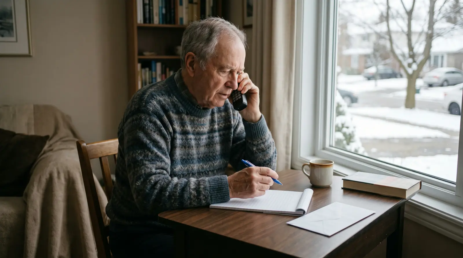 A man around seventy at a writing desk by a snowy window, on the telephone with a pen and a blank notepad.