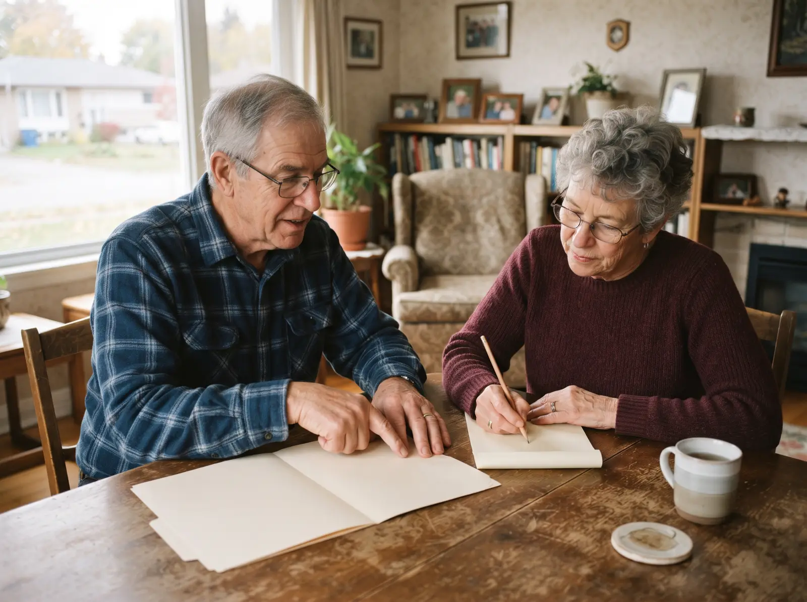 A couple in their seventies at a dining table, one pointing at a page in a folder while the other makes a note.