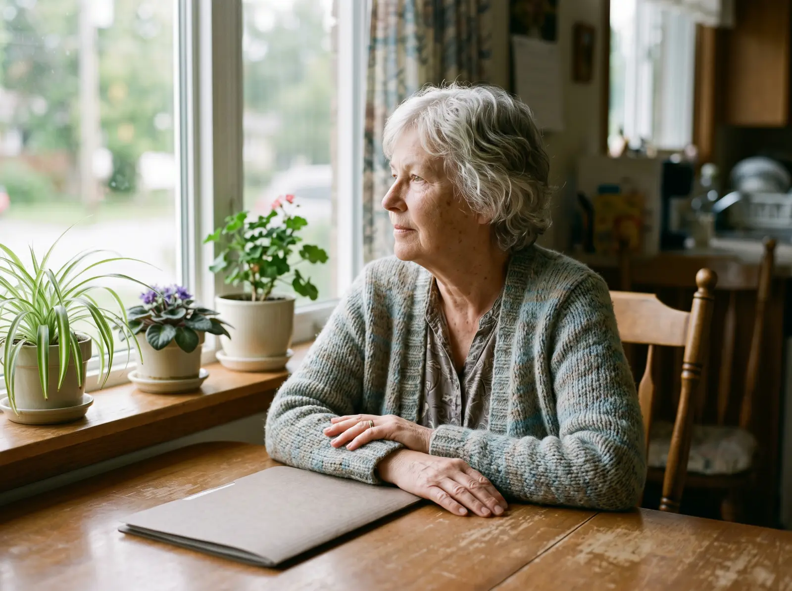 A woman in her seventies sitting at a dining table with a closed folder, looking out of a window.