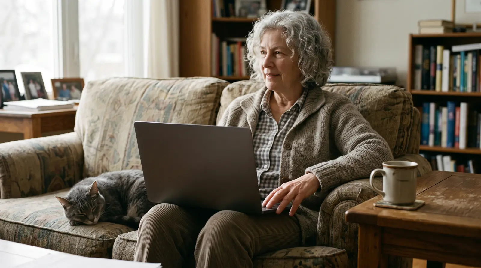 A woman in her late sixties on a sofa with a laptop on her knees and a cat beside her.