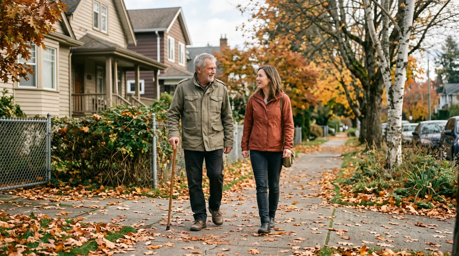 A man in his sixties walking with a cane beside his adult daughter on a leafy autumn street.
