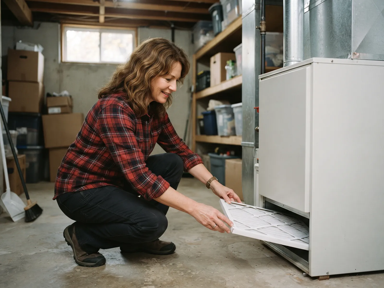 A woman in her fifties crouching beside a furnace in a basement, sliding a new pleated air filter into the filter slot.
