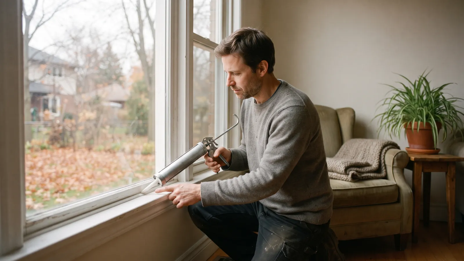 A man in his forties kneeling by a living-room window in late autumn, running a bead of caulk along the window trim.