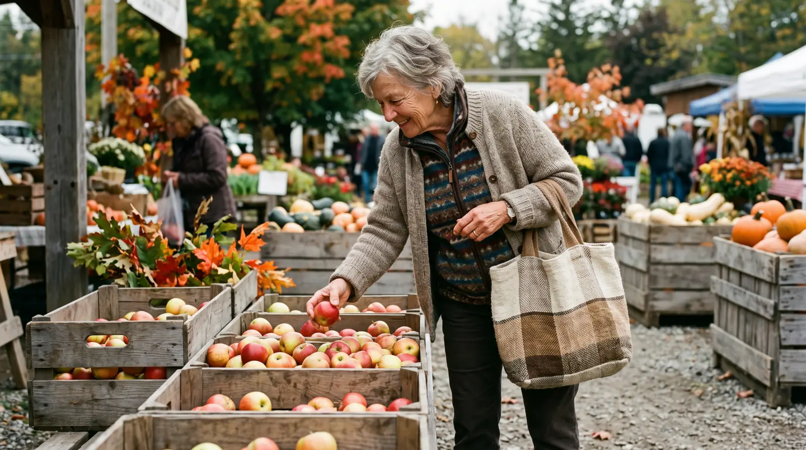 A woman around seventy choosing apples from wooden crates at an autumn market.