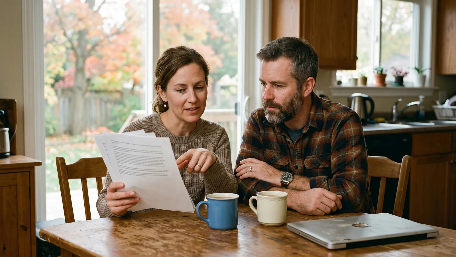 A couple in their forties at a kitchen table with coffee, the woman pointing at a printed page while the man listens.