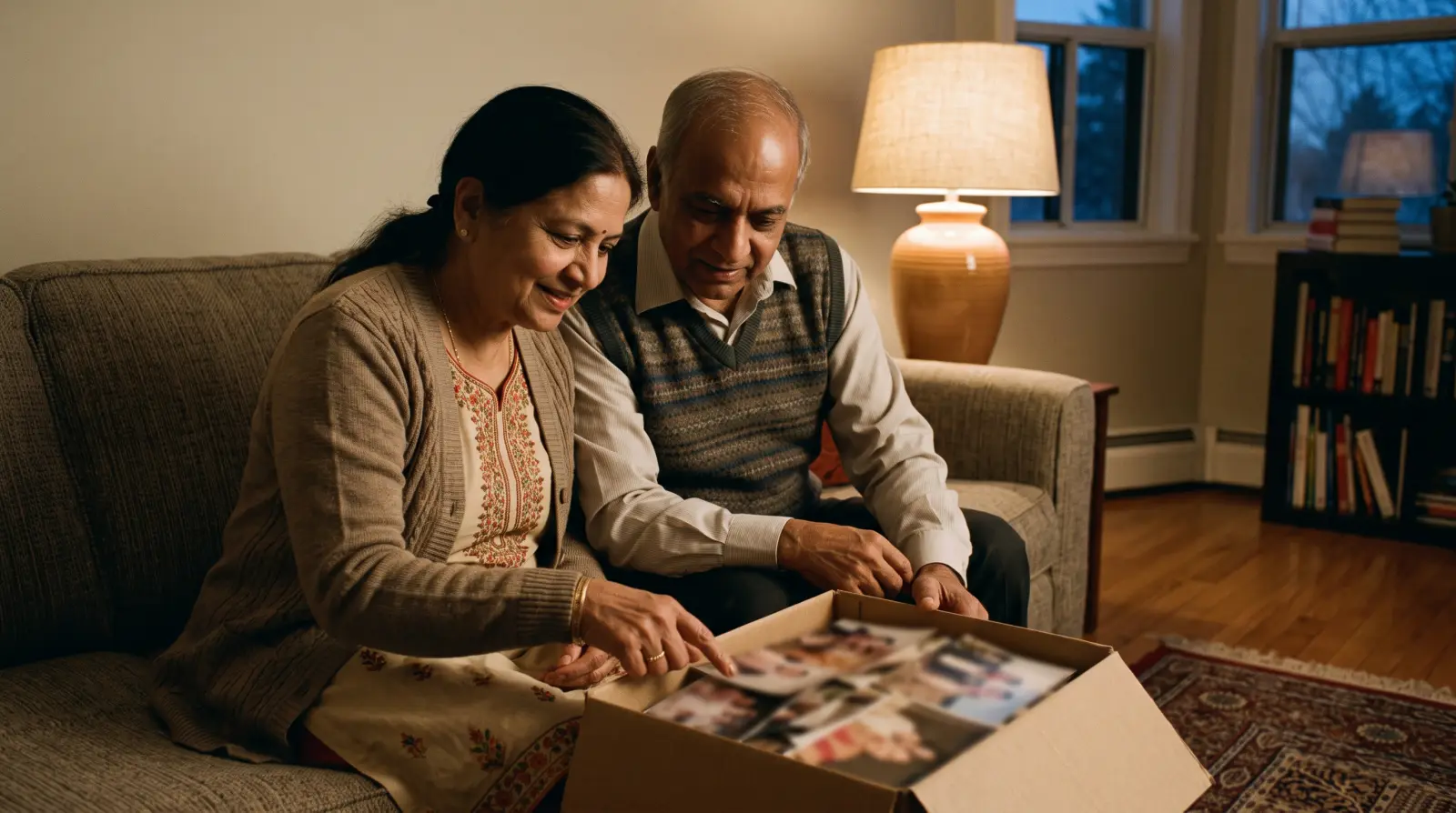 A couple in their late sixties on a sofa looking through a box of old family photographs.