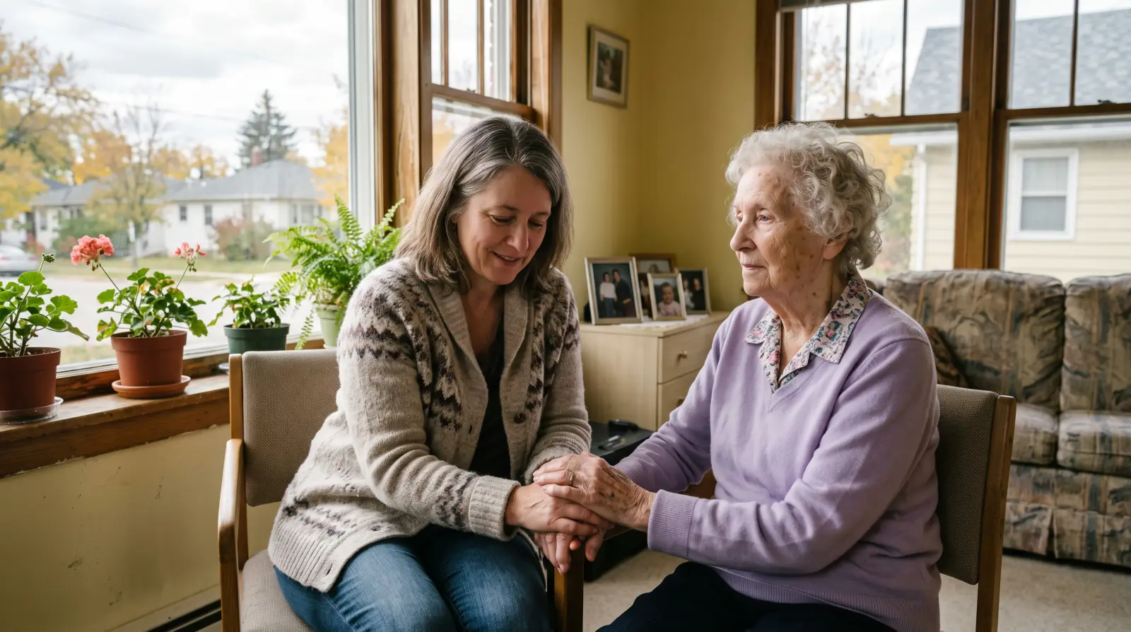 A woman in her late forties holding hands with her elderly mother by a window in a care-home room.