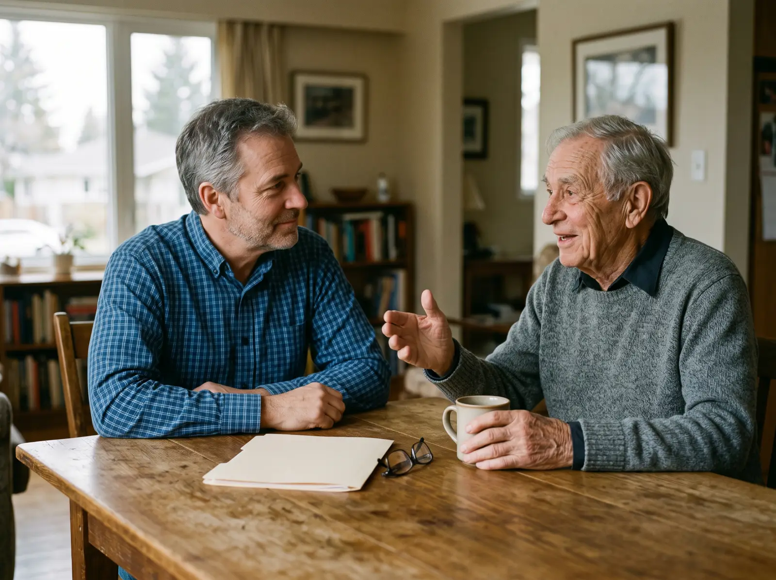 A man in his fifties listening to his elderly father at a dining table with a closed folder.