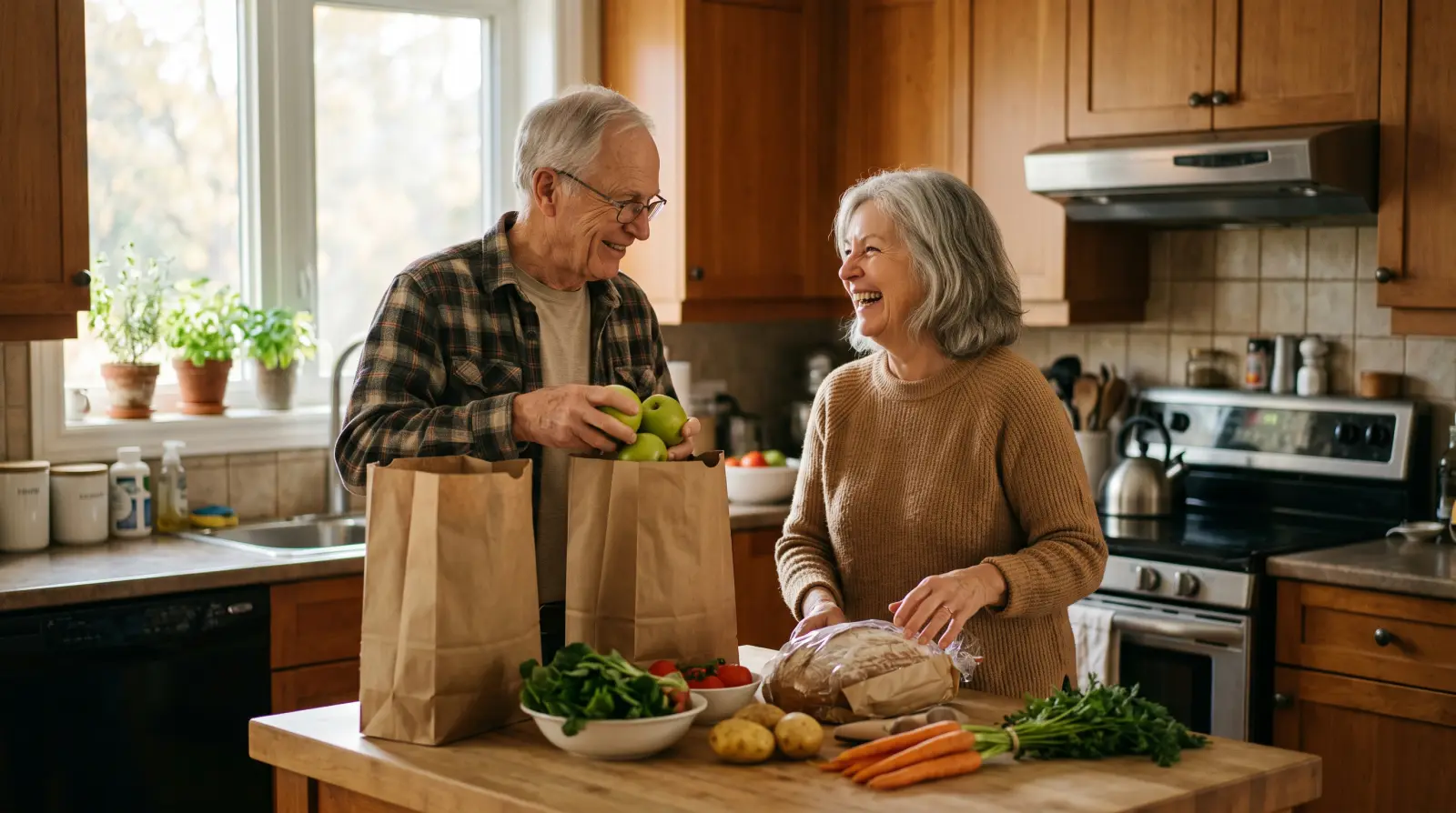 A couple in their seventies unpacking groceries from paper bags in a bright kitchen.