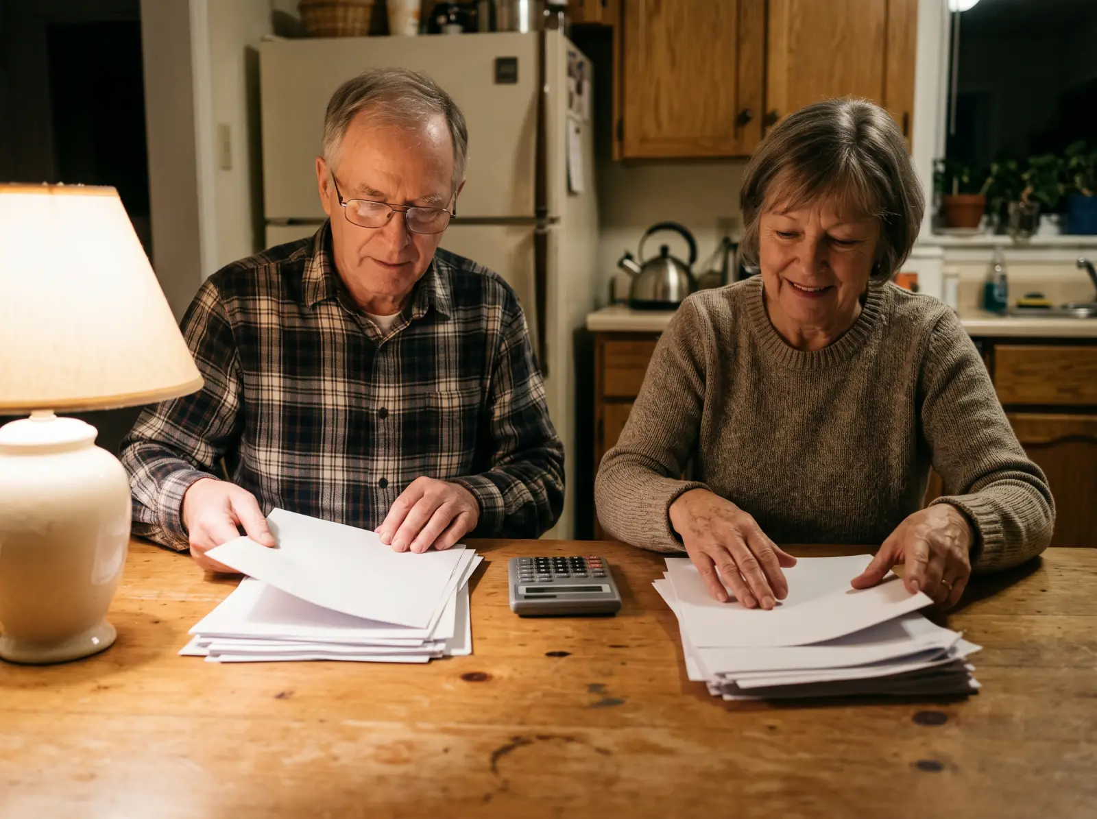 A couple in their seventies sorting papers into piles at a kitchen table under a lamp.